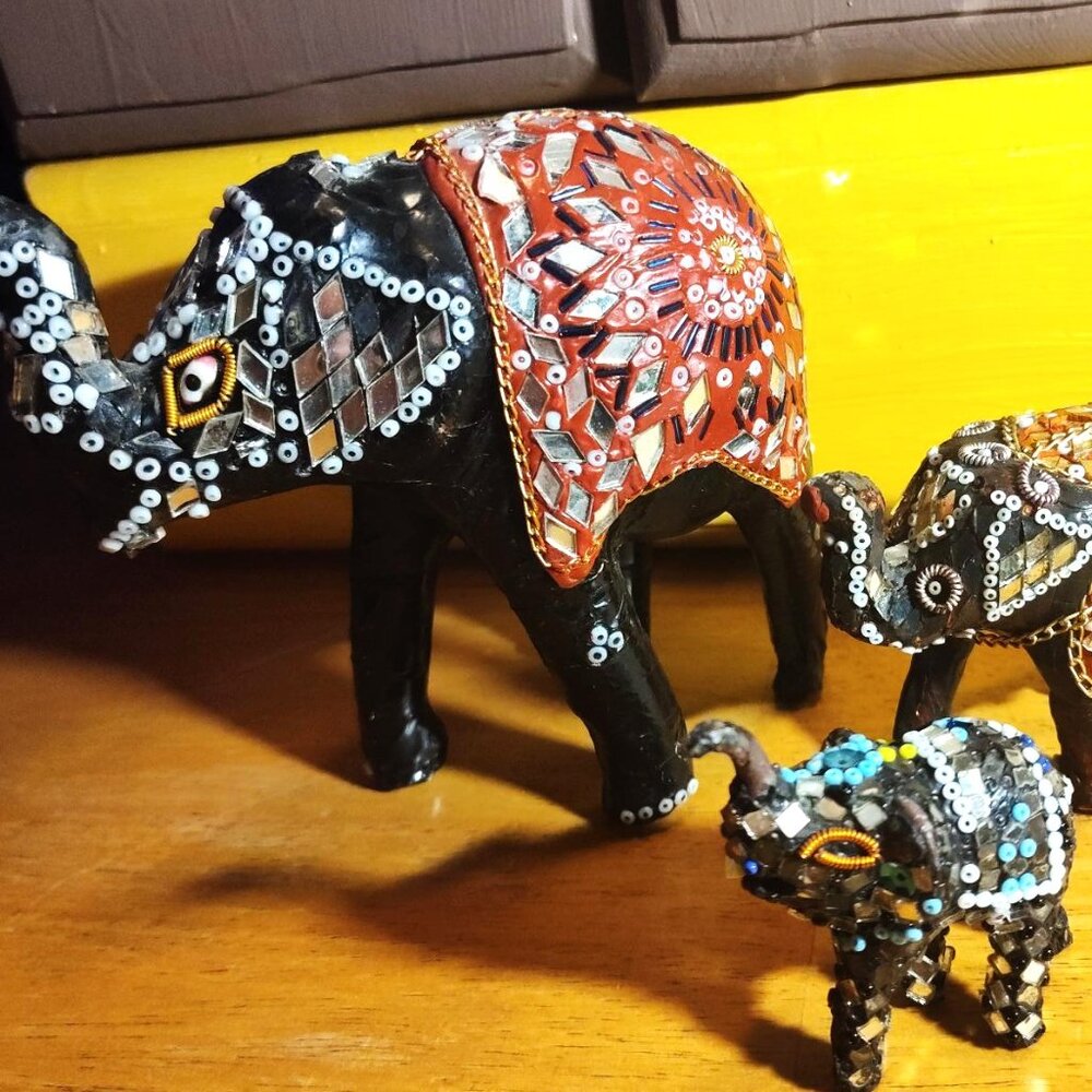 Set of 3 Mosaic  Elephants 1970's Mirror Tile & Seed Bead Decor SHIPS FREE